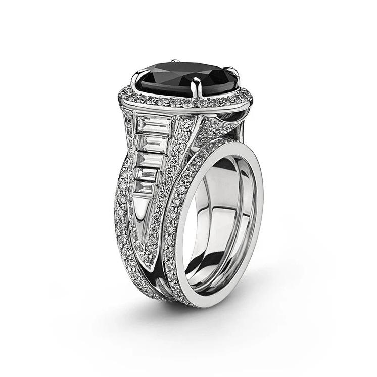 Black spinel and diamond ring in 18k white gold