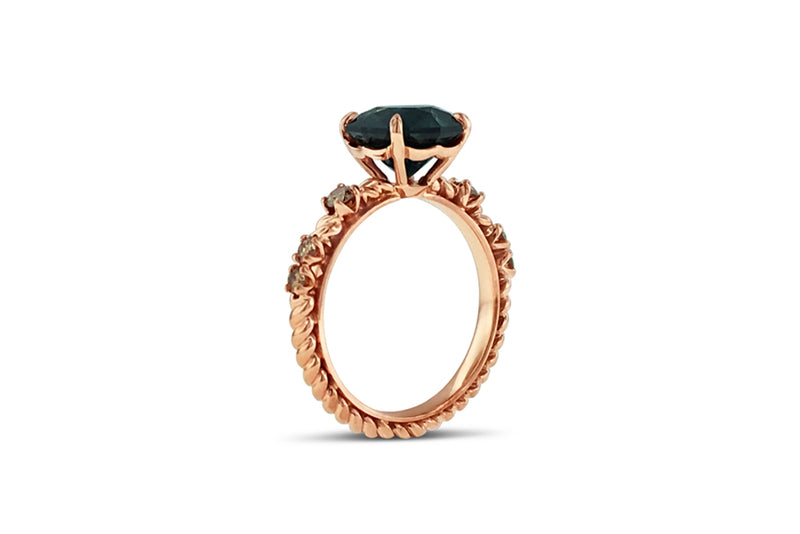 Sapphire and cognac diamond twisted ring in 18k rose gold