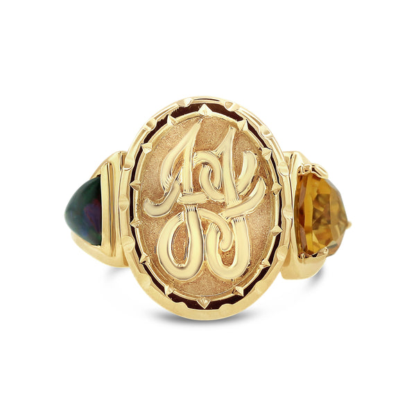 opal and citrine engraved signet ring in 18k yellow gold